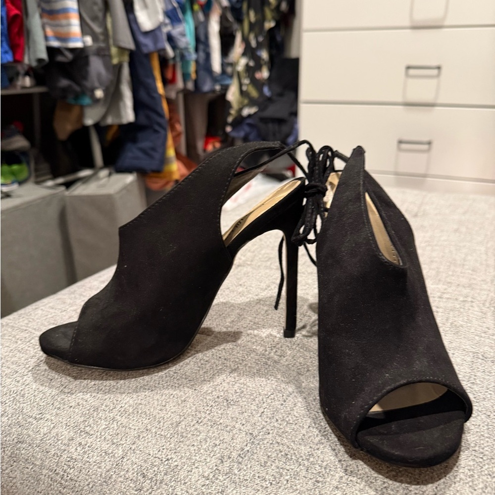 JustFab Black Suede Peep-Toe Stiletto Heels